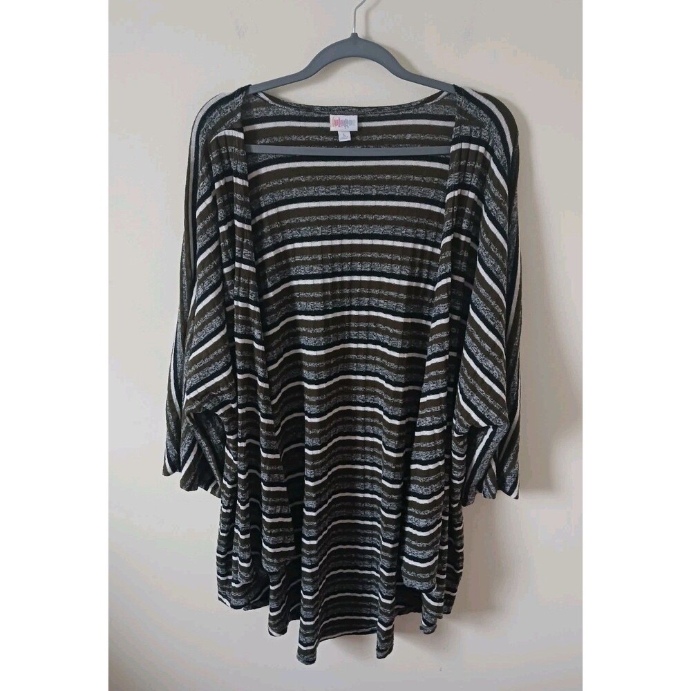 Lularoe Open Front Cardigan Womens Green Black White Striped Long Sleeve Size L